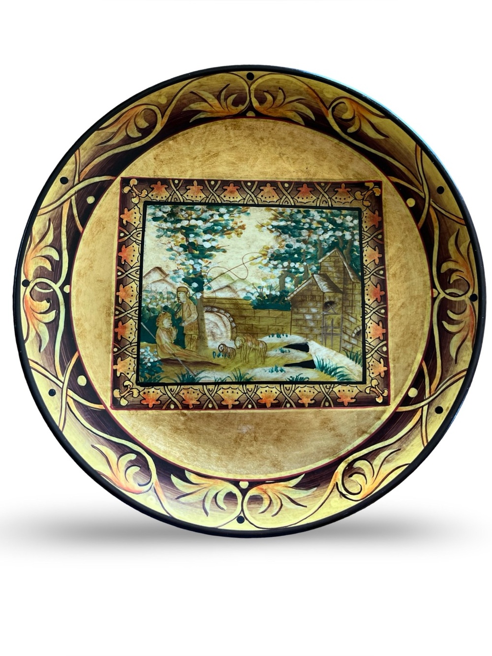 Vintage Oriental Accent Chinoiserie Decorative Charger Plate Gold Rim